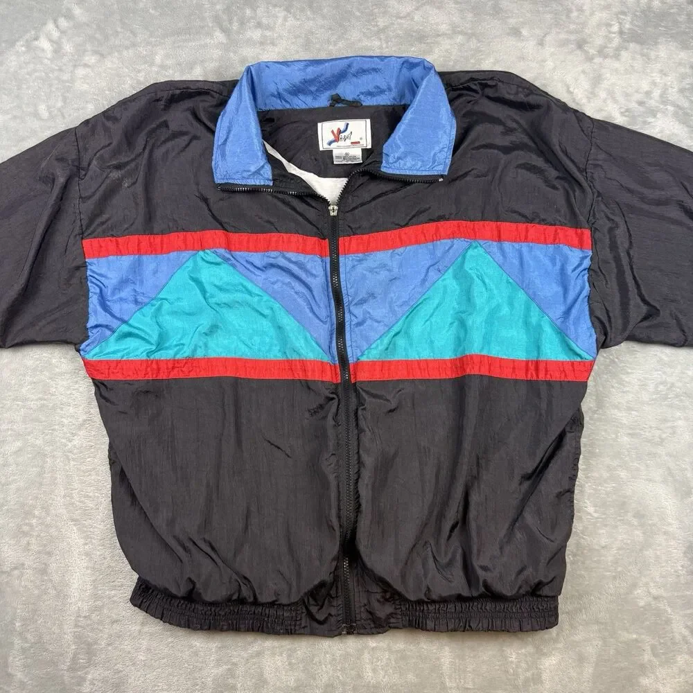 Vizari Vintage Colorblock Nylon Track Suit Black Blue Teal Red XL